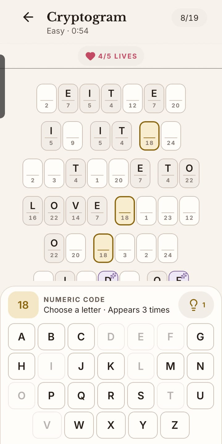 Cryptogram puzzle screen with letter grid and numeric code keyboard