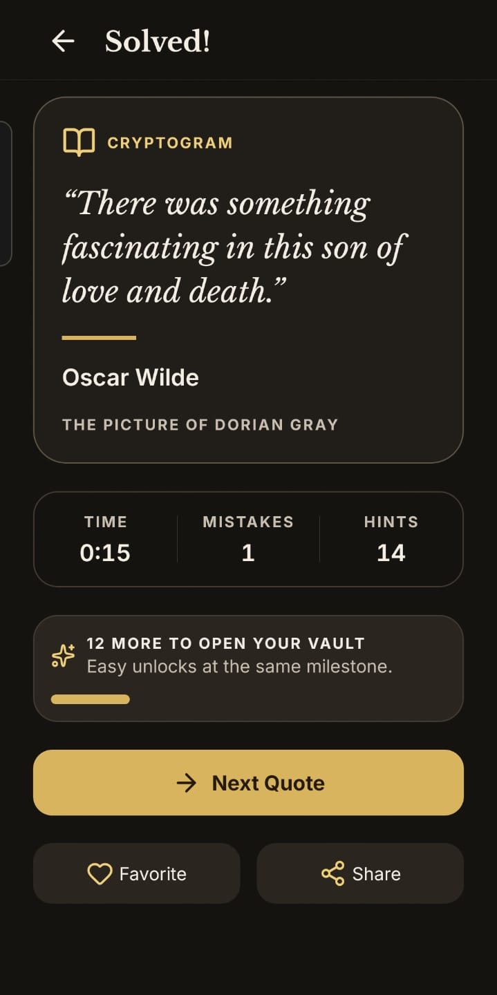 Cryptogram dark theme solved quote screen