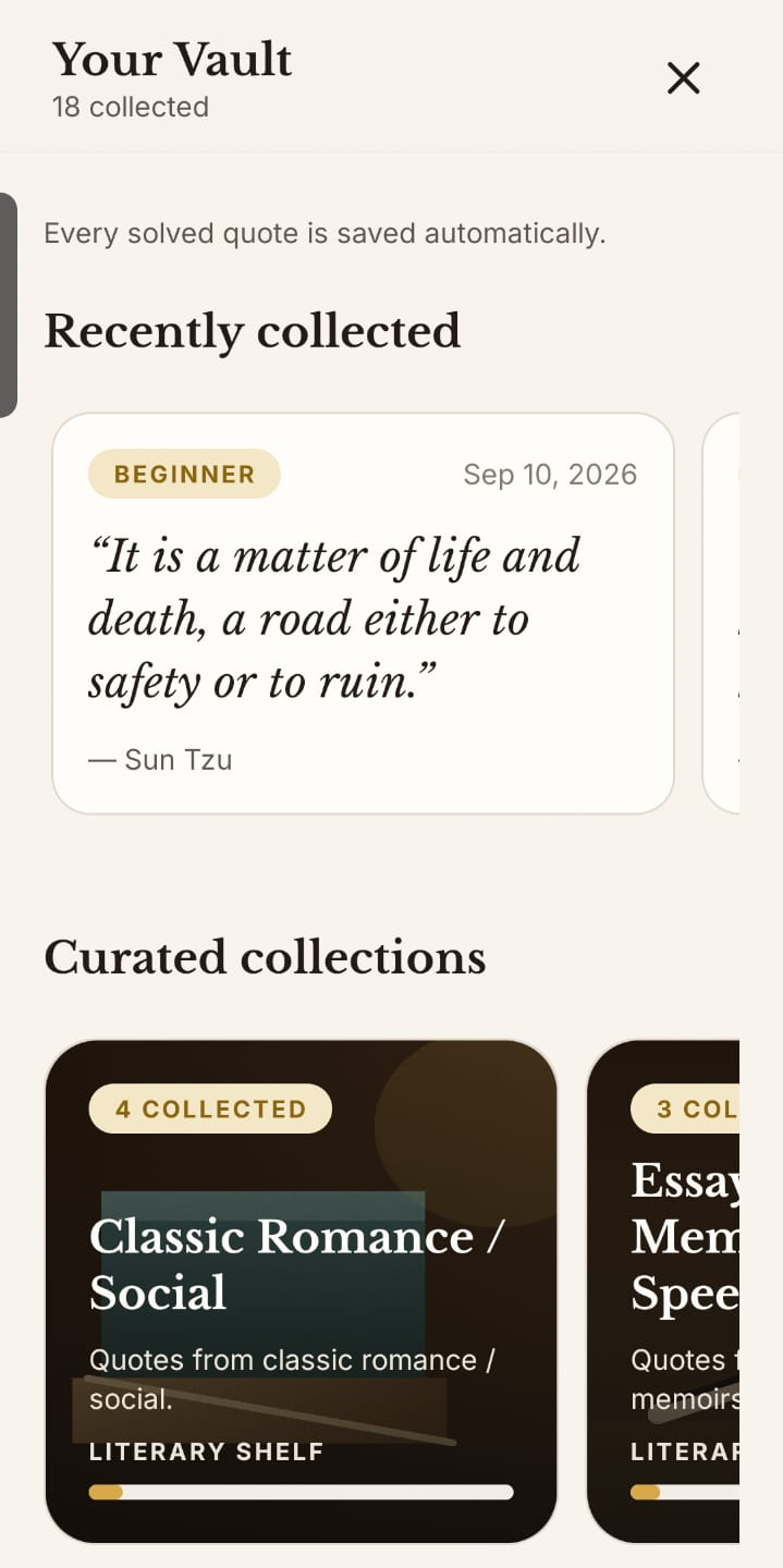 Cryptogram vault screen with collected and locked quotes